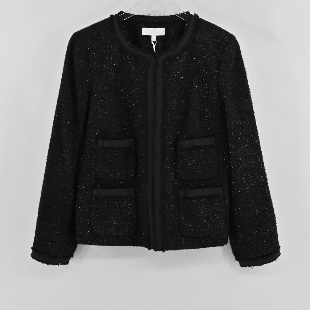 Talbots RSVP Sequin‎ Boucle Tweed Jacket Womens Size 14 Black Bow Evening Blazer
